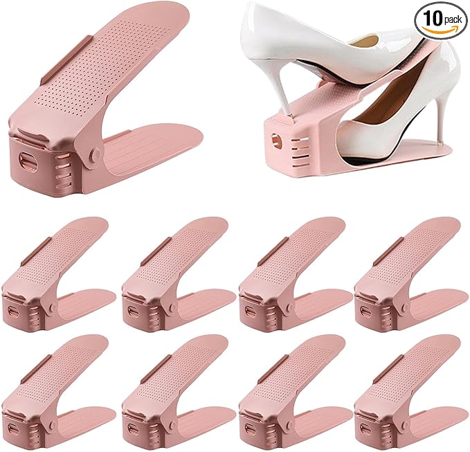 Bibabala Shoe Slots Organizer, 10 Pack Adjustable Shoe Rack Stacker Storage Space-Saveing 50%, Double Deck Shoes Rack Holder for Shoes Holder Organization, Closet Organization(Pink)