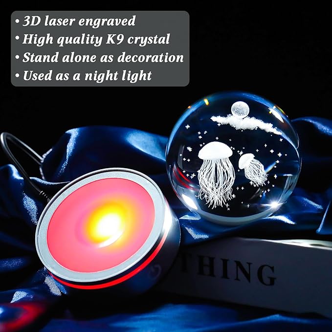 Movdyka 3D Crystal Ball Jellyfish Decor Figurine Marine Biology Gifts for Women Men Night Light, Laser Engraved Jellyfish Ornament Glass Snow Globe Room Art Decor Crafts