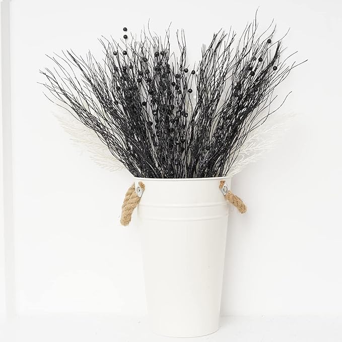 SLK 16-Pack Artificial Glitter Berry Stem Ornaments, Christmas and Halloween Decorative Glittery Twigs, Picks, Branches for Tree, Wreath, Small Vase, Halloween Party (Black)
