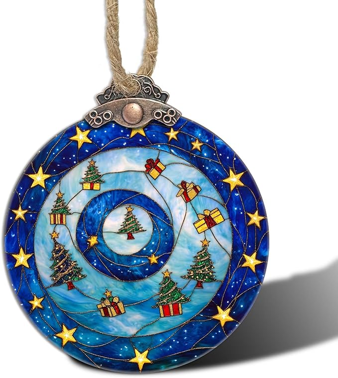 DASTOLL Stained Glass Christmas Decorations, Blue and Gold Star Gift Box Suncatcher for Window Christmas Tree Hanging Ornaments Sun Catcher Xmas Decor Gifts for Women Men Mom Nana Friend