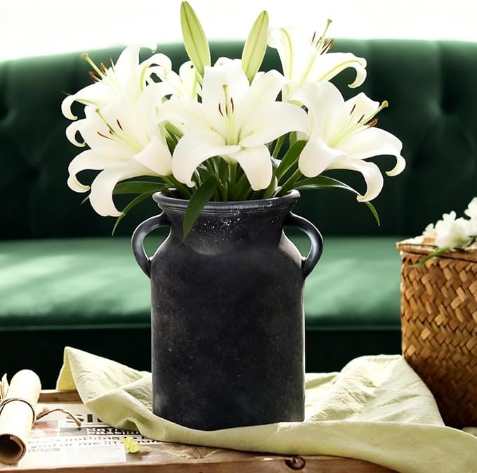 Black Glass Vase with Handles - Rustic Imitation Ceramic Flower Vase 8 Inches, Vintage Matte Black Centerpiece Decor for Modern Farmhouse, Industrial Home, Gothic & Minimalist Table Decorations