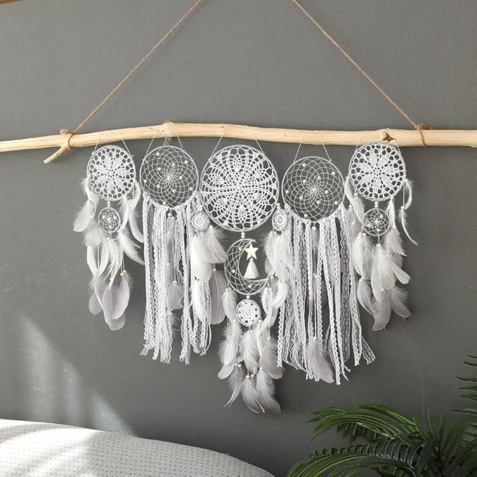 Set of 5 Boho, Hanging Large Boho Dream Catcher Wall Hanging Moon Dream Catcher Set Dream Catchers Wall Decor for Vintage Wedding Home Decorations (WHITC)