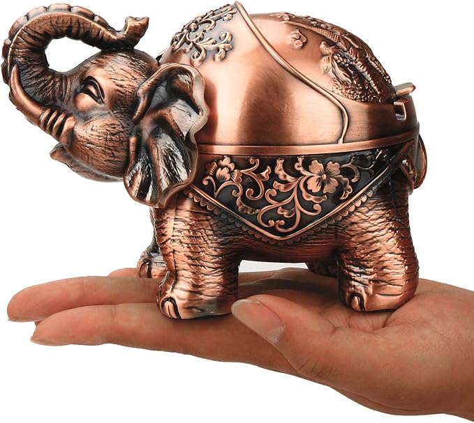 LAUYOO Metal Elephant Ashtray with Lid Windproof Ashtrays Outdoor, Indoor Ashtray for Weed, Vintage Practical Decoration Ash trays for Cigarettes Great Gift for Men Women