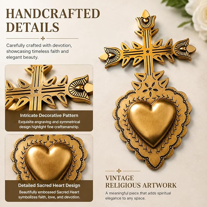 MVTDONT Golden Wall Cross-Saint Heart Miracle Decorative Wall Cross, Antique Gold Heart Design, Vintage Religious Home Deco