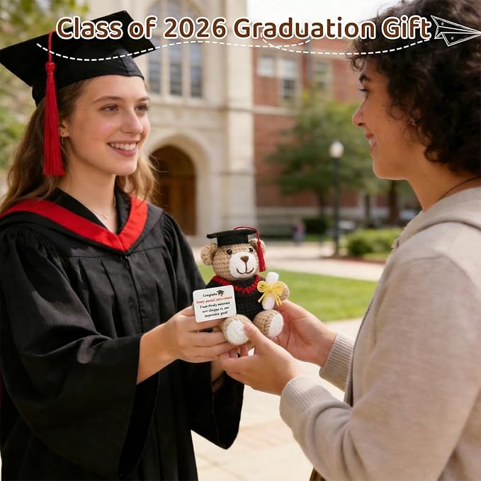 Crochet Graduation Bear 2026, Handmade Knitted Teddy Bear with Cap, Graduation Gifts 2026 for Him Her, Emotional Support Crochet Animal for College High School Graduate Student Daughter Son Friend