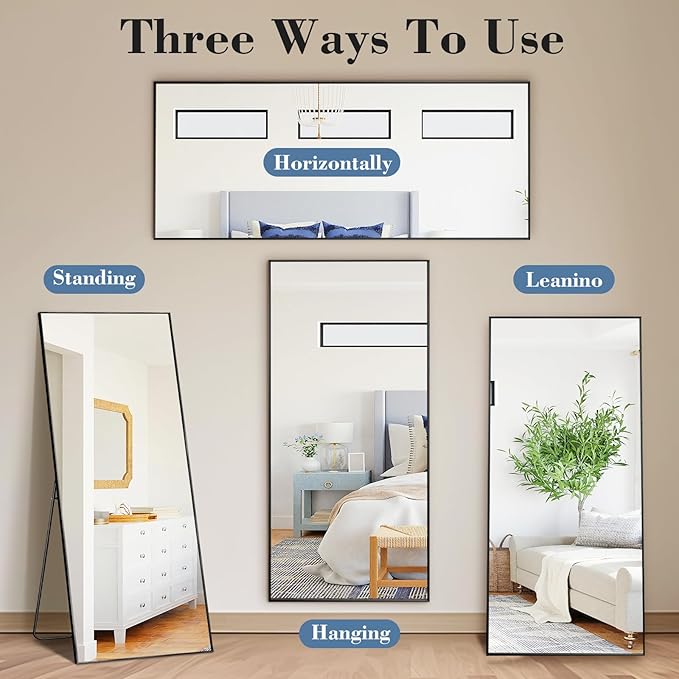 DUMOS 21"x56" Full Length Mirror with Stand, Floor Standing Aluminum Frame, Shatter-Proof Nano Glass for Bedroom, Living Room, Cloakroom – Modern Simple Home Decor,Can Be Hanging or Leaning, Black
