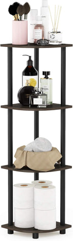 Furinno TURN-N-TUBE Corner Shelf, 4-Tier Corner Bookshelf, Display Storage Shelves with Open Shelves, for Organization and Storage, Living Room, Home Office, Garage, Dark Brown Grain