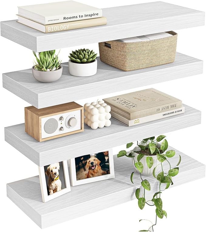 Fixwal White Shelves for Wall, 15.7in Rustic Wood Finish Floating Wall Shelves Set of 4, Shelves for Wall Decor, with Invisible Brackets for Bathroom, Living Room,Bedroom and Kitchen
