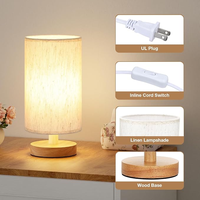 Fenmzee Small Lamps Set of 2 - Inline Control, Bedside Table Lamp for Bedroom with 3000K A15 LED Blub, Easy Assembly (Cream Shade - Wood Base Set of 2, 9" Inline Control)
