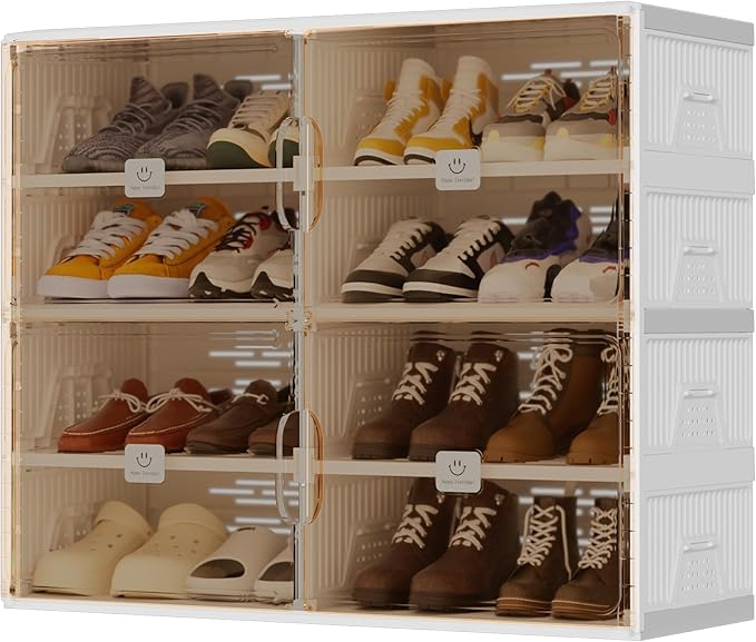 Foldable Shoe Rack Organizer for Entryway with Clear Magnetic Doors - Large Capacity Shoe Cabinet for Boots, Sneakers & All Shoes, Easy Assembly, White 4-Tier 16 Pairs