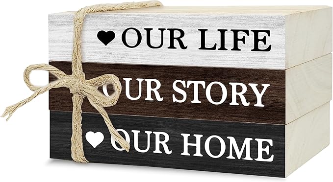 Decorative Books for Home Decor, Rustic Wood Book Stack for Table Decor, Our Life Our Story Our Home Decoration Books for Living Room Bookshelf, Farmhouse Stacked Books Decoration (L56)