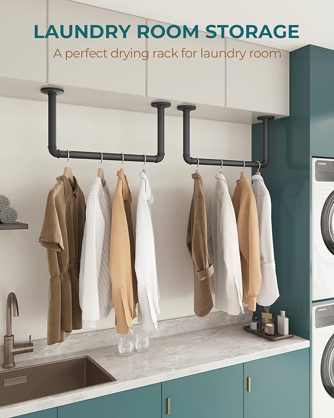 OROPY Industrial Pipe Clothes Rack 21.2” Set of 2, Heavy Duty Wall Mounted Black Iron Garment Bar, Multi-Purpose Clothing Hanging Rod for Laundry Room and Closet Storage