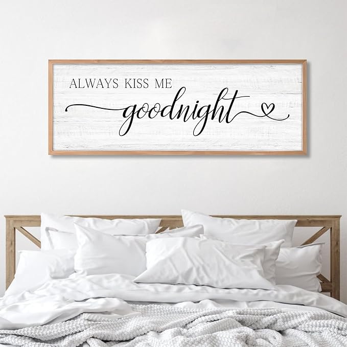 Always Kiss Me Goodnight Wall Sign Above Bed 41.3''×15'' Large Farmhouse Wall Decor for Bedroom Couples Room Decor Framed Wood Wall Art Rustic Master Bedroom Wall Decoration (brown frame)
