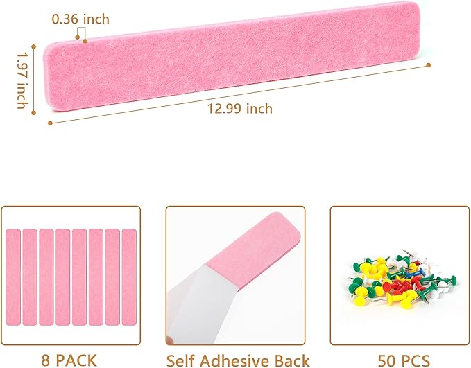 8 Packs Felt Pin Board Bar Strips Bulletin Board for Bedrooms Offices Home Wall Decoration, Notice Board Self Adhesive Cork Board with 50 Push Pins for Paste Notes, Photos, Schedules