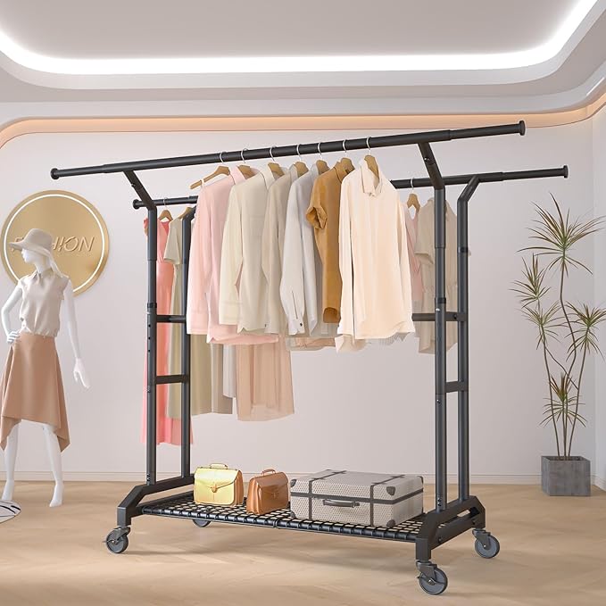 Heavy Duty Clothes Rack Rolling Clothes Rack 3 Rods Clothing Rack 450lbs Capacity 51"-71" L X 19.7" D X 73-79" H Adjustable Rolling Garment Rack