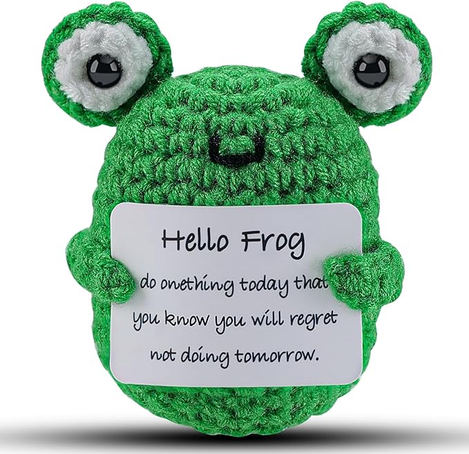 DAFURIET Mini Funny Positive Frog, 3 inch Knitted Wool Doll with Positive Card for Cheer Up Gifts and Party Decorations, Cute Wool Positive Potato Crochet Doll for Birthday Gifts (Frog), Grey