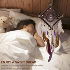 Rattan Dream Catchers with Peacock Feather, Boho Wall Decor Rustic Wooden Native American Wall Art for Bedroom Living Room (Purple Brown)