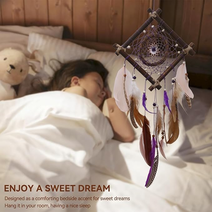 Rattan Dream Catchers with Peacock Feather, Boho Wall Decor Rustic Wooden Native American Wall Art for Bedroom Living Room (Purple Brown)