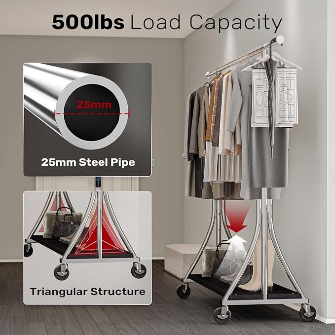 MAXLEAD Clothes Rack, Clothing Rack with Wood Shelves 500 LBS Heavy Duty Garment Rack for Hanging Clothes Portable Closet Sturdy Coat Rack for Bedroom, Living Room, Laundry, Balcony, Silver