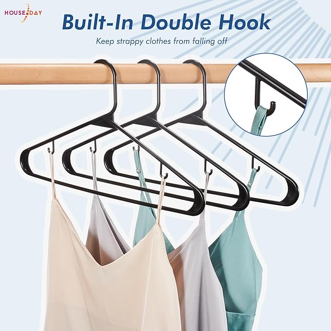 HOUSE DAY Plastic Hangers 20 Pack, Space Saving Clothes Hangers with Built-in Hooks, Durable & Strong Closet Organizers and Storage, Dorm Room Essential, Perfect for Shirts, Coat, Pants, Dress - Black