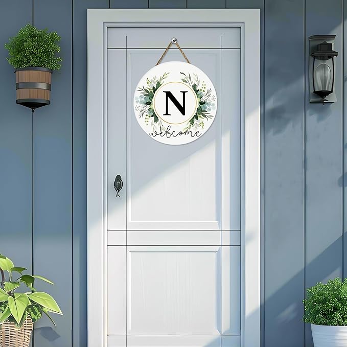 Monogram Letter N Wreaths for Front Door Wreath Wooden Welcome Sign for Front Door Decor Floral Family Last Name Initial House Warming Spring Summer Porch Rustic Wall Home Kitchen Boho Decorations
