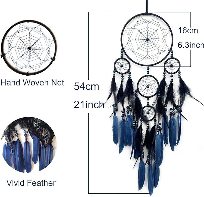 Blue and Black Dream Catcher Large Dream Catchers Wall Decor Handmade Feather Dreamcatcher Wall Hanging Ornament for Bedroom Living Room Home Decor