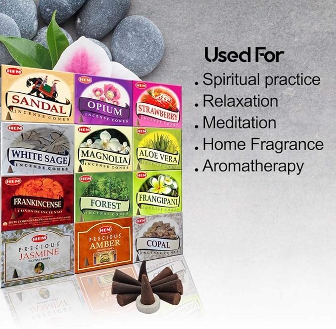 Hem 12 Assorted Boxes of Incense Cones, (120 Total)| Natural Fragrance for Aromatic Rooms | Odor Remover Incense for Stress Relief & Relaxation (Assorted 2)
