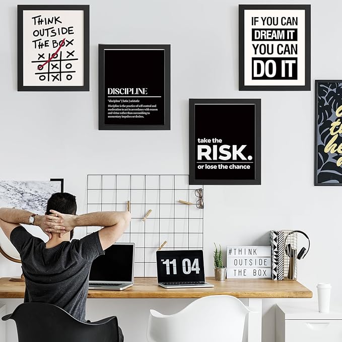 DSHFG Inspirational Office Motivational Wall Art Decor Prints Set of 4, Black Motivational Wall Decor Trendy Retro Posters for Office Home Decor, 12x16 Unframed