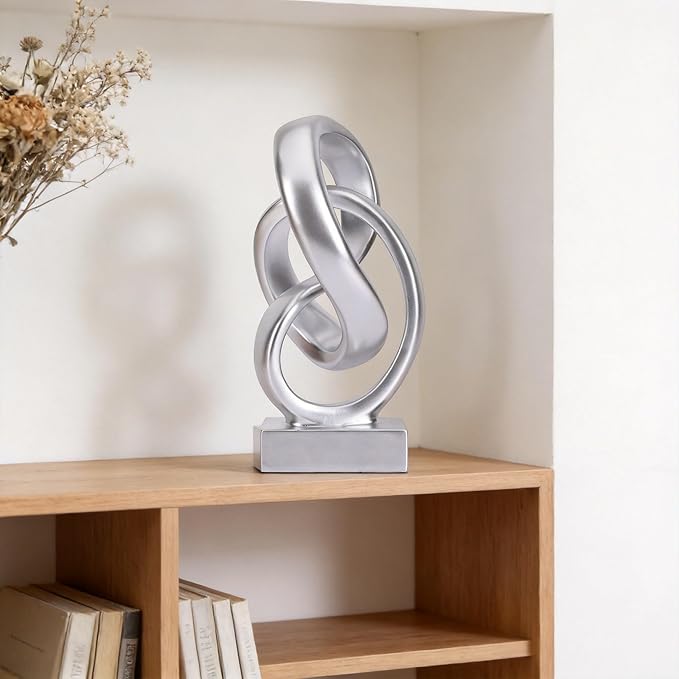 WUBIANJIE Modern Abstract Knot Sculpture, Artistic Mobius Inspired Resin Decor, Elegant Home and Office Decor, (Silver)