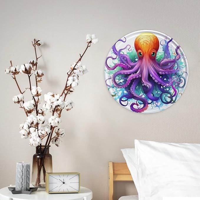 Wall Picture, with Colorful Octopus Printed Circular Iron Hanging Picture,Wall Art Decor,Home for Bedroom Living Room Bathroom Decor,Iron Painting 11.8X11.8 in
