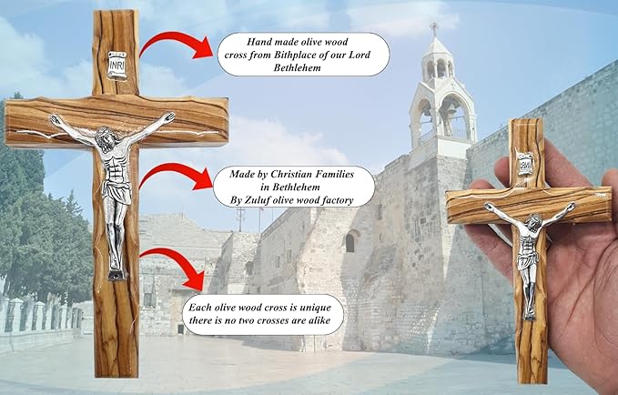 Zuluf 6.3" Olive Wood Catholic Cross with Silver Plated Crucifix Christian Gift from Holy Land Bethlehem CRS065