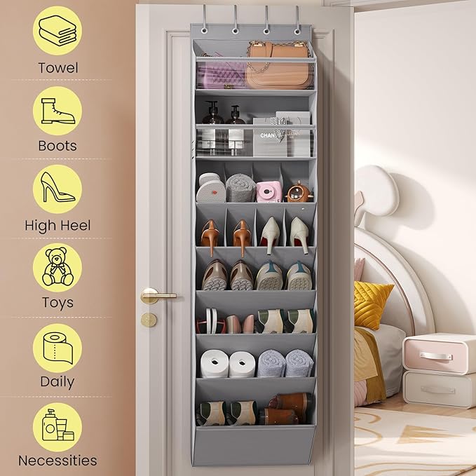 16-20 Pairs Over the Door Shoe Organizer, Clear Pockets Shoe Rack for Closet Door, Hanging Shoe Rack for Boots, Behind the Door Shoe Holder Fit All the Family's Sneakers, Boots, Heels, Grey