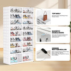 FAHKNS Foldable Shoe Rack, Transparent Shoe Boxes with Magnetic Double Doors, Shoe Organizer Storage for Entryway/Bedroom/Cloakroom, Large Shoe Cabinet with Hidden Bottom Roller 9 Tiers 4 Row (White)