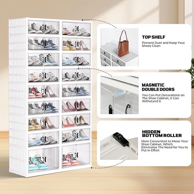 FAHKNS Foldable Shoe Rack, Transparent Shoe Boxes with Magnetic Double Doors, Shoe Organizer Storage for Entryway/Bedroom/Cloakroom, Large Shoe Cabinet with Hidden Bottom Roller 9 Tiers 4 Row (White)