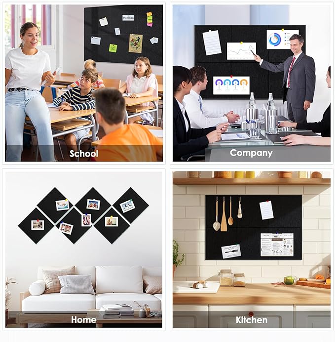 Large Cork Board for Walls |Cork Board Alternative|Felt Wall Tiles| Black Bulletin Board with Removable Adhesive | Cork Boards Pinboard for Office Home Classroom,36"x24",6 Pack,Black
