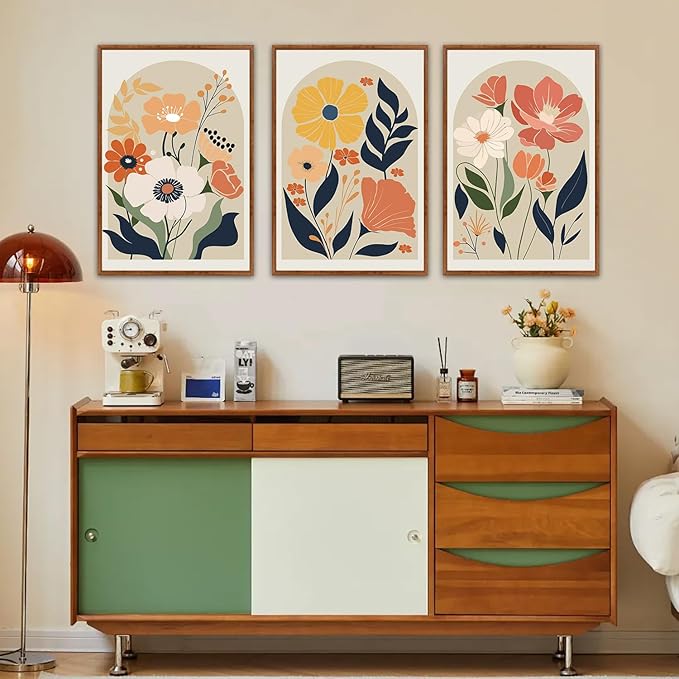 KAIRNE Boho Canvas Wall Art,Abstract Floral Wall Decor,Modern Minimalist Prints Set of 3(24”X36”),Botanical Wall Art Paintings,Bohemian Mid Century Artwork for Living Room Bedroom Office Decor,Framed
