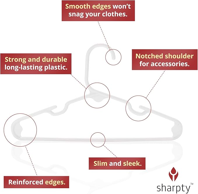 Sharpty Kids Plastic Hangers, Children's Hangers for Baby, Toddler, and Child Clothes - Everyday Standard Use - Ideal for Boys and Girls Closet, Clothing, Pants, Coats, and More - White, 60 Pack
