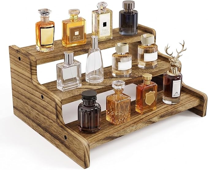 Wooden Cologne Organizer for Men, Perfume Organizer Stand, Cologne Stand with Anti-Slip Washers, Wooden Display Risers Stand for Dessert, Cupcake, Charcoal-Grilled, 3-tier-11.8in