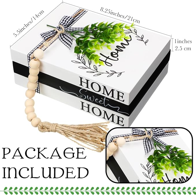 Capoda 3 Pcs Decorative Books for Home Decor Farmhouse Faux Stacked Books Wooden Rustic Table Decor with Bead Garland Twine Ribbon Faux Leaf for Table(Home)