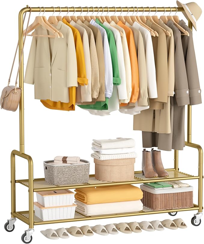 MISSLO Heavy Duty Clothes Rack with Shelves 46.5" Large Rolling Clothing Racks for Hanging Clothes, Garment, Coat, Gold