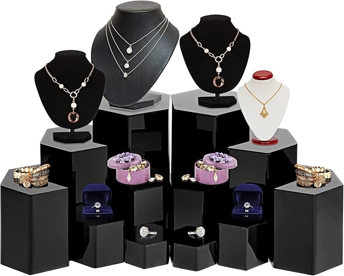 Jetec 24 Pcs Hexagonal Jewelry Display Risers Hexagonal Market Display Risers Stands Acrylic Showcase Acrylic Stand for Jewelry Model Figures Decoration, 6 Sizes (Black)