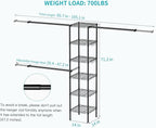 Ulif M1 Closet Storage Organizer System, 6 Tiers Heavy Duty Metal Garment Rack with 3 Expandable Hanger Rods, Wall Mounted Space Saver Suits from 5.4-8.7 ft. Width, 71.2”H x 14”D, 700LBS, Black
