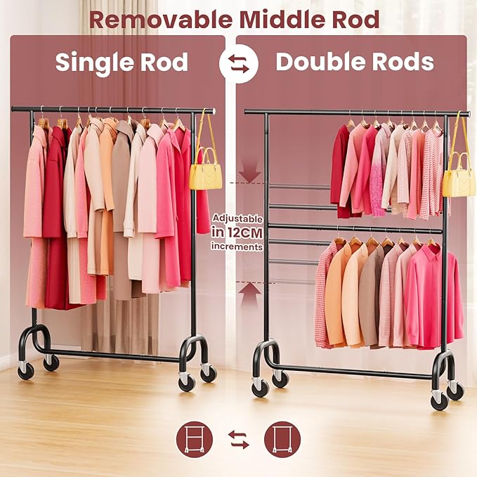 Heavy Duty Clothes Rack Load 600 LBS, Rolling Clothing Rack for Hanging Clothes with Lockable Wheels, Double Rod Garment Rack for Bedroom, Laundry, Clothing Store, Black