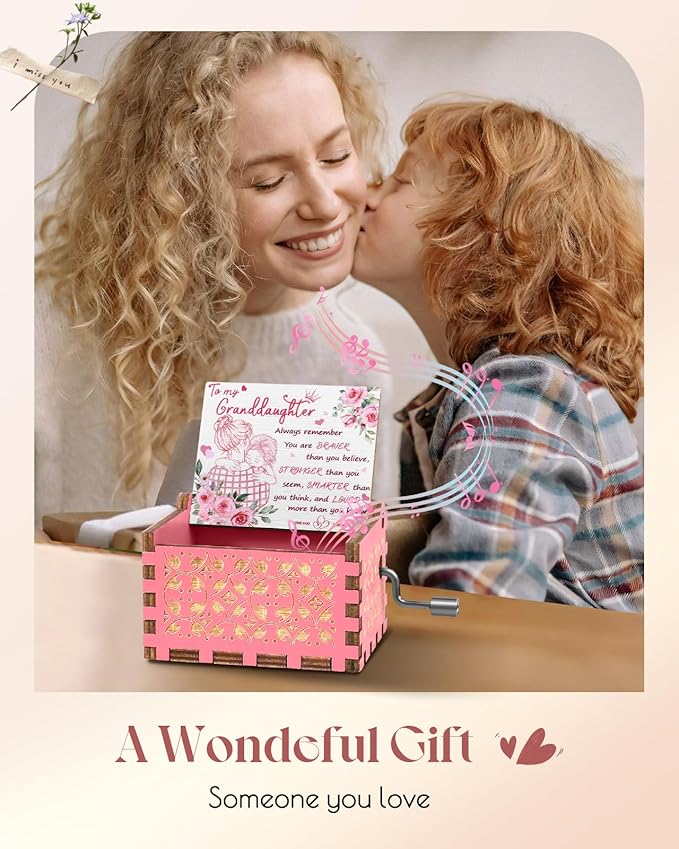 Swooflia Mother's Day Wooden Music Box for Granddaughter - Hand Crank Engraved Musical Box Vintage Mechanism Personalized Gifts for Mom Aunt Daughter Niece Grandma Friend Jesus On Birthday