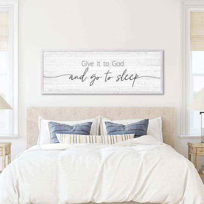 Give It to God and Go to Sleep Sign Framed Large 41''×15'' Above Bed Wall Decor for Bedroom Farmhouse Wall Decor Guest Room Decor Rustic Master Bedroom Wall Decoration Wood Wall Art (white frame)