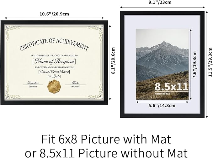 Rempry 8.5X11 Certificate Picture Frames Set of 11, Black 8.5x11 Photo Frames without Mat or Displays 6X8 Picture with Mat, Wall Mount or Tabletop Display for Home, Office