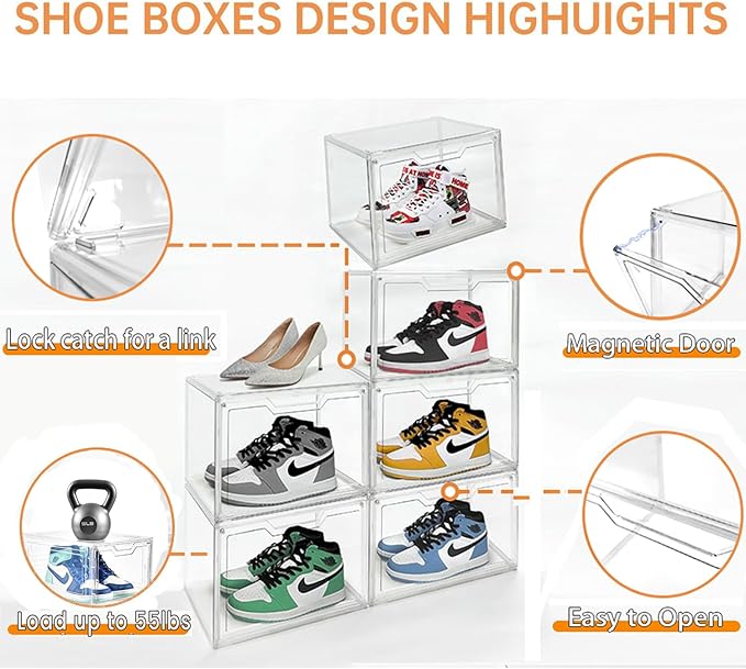 Magnetic Acrylic Clear Shoe Boxes – 360° Clear Plastic Stackable Sneaker Storage Box shoe Display Box Professional Grade Shoe Display Case, Shoe Organizer for Closet (12pcs)