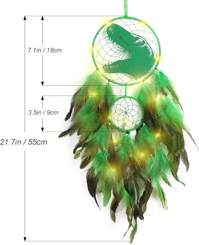 LOMOHOO Dinosaur Dream Catcher for Kids, Feather Dream Catchers with LED Light, Handmade Home Decor Wall Hanging with Double Ring for Nursery Boy Bedroom Birthday Gift