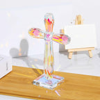 YWHL Colorful Crystal Standing Cross Decor, Handmade Glass Holy Cross Collectible Figurines Decoration, Religious Gifts for Women Men, Christian Easter Cross for Home Office Decor