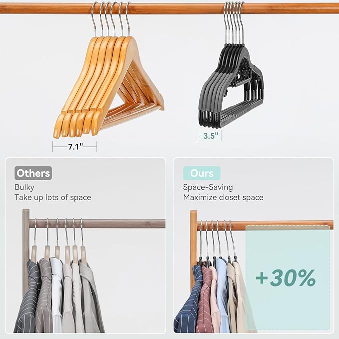Coat Hangers 50 Pack, Plastic Clothes Hangers Non Slip with Rubber Grip, Heavy Duty Hanger with 360° Swivel Metal Hook, Ultra Thin Hangers Space Saving for Closet Organizer, Black and Dark Gray